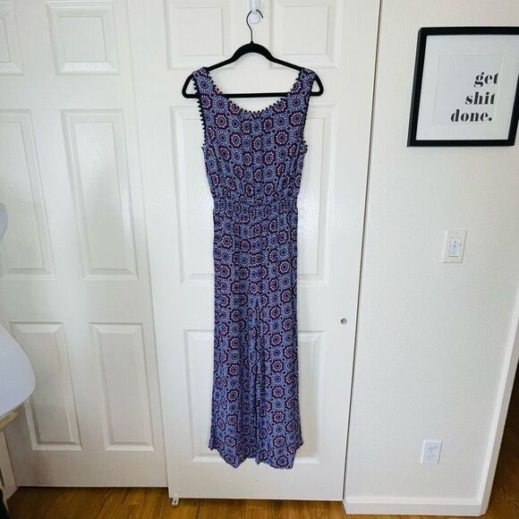 Boden Elisa Pompom Trim Jumpsuit Bold Blue Sun Tile Medallion Print Size 8 - Picture 15 of 15